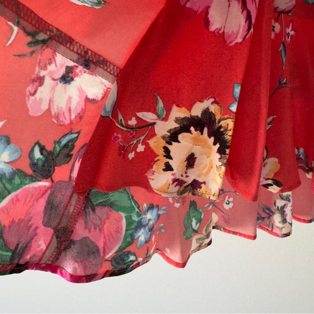 Express Floral Mini Faux Rap Dress adjustable spaghetti straps tropical ruffle M - Picture 13 of 15